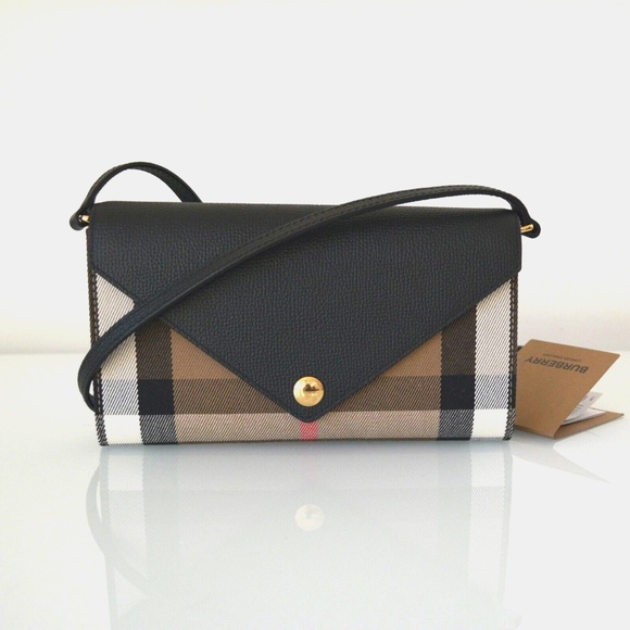 NWT BURBERRY HANNAH COCA HOUSE CHECK DERBY LEATHER CROSSBODY WALLET BAG CLUTH - Picture 3 of 10